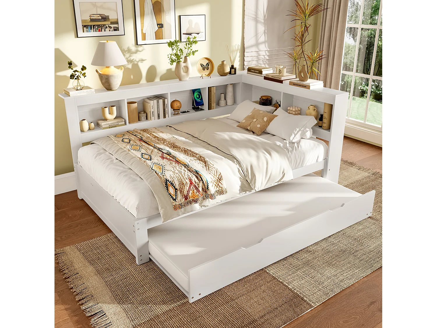 Lit daybed 140x200 cm, canapé-lit avec lit escamotable, avec prise de courant et 2 ports USB, cadre en MDF et pin, blanc (219x167x90 cm)