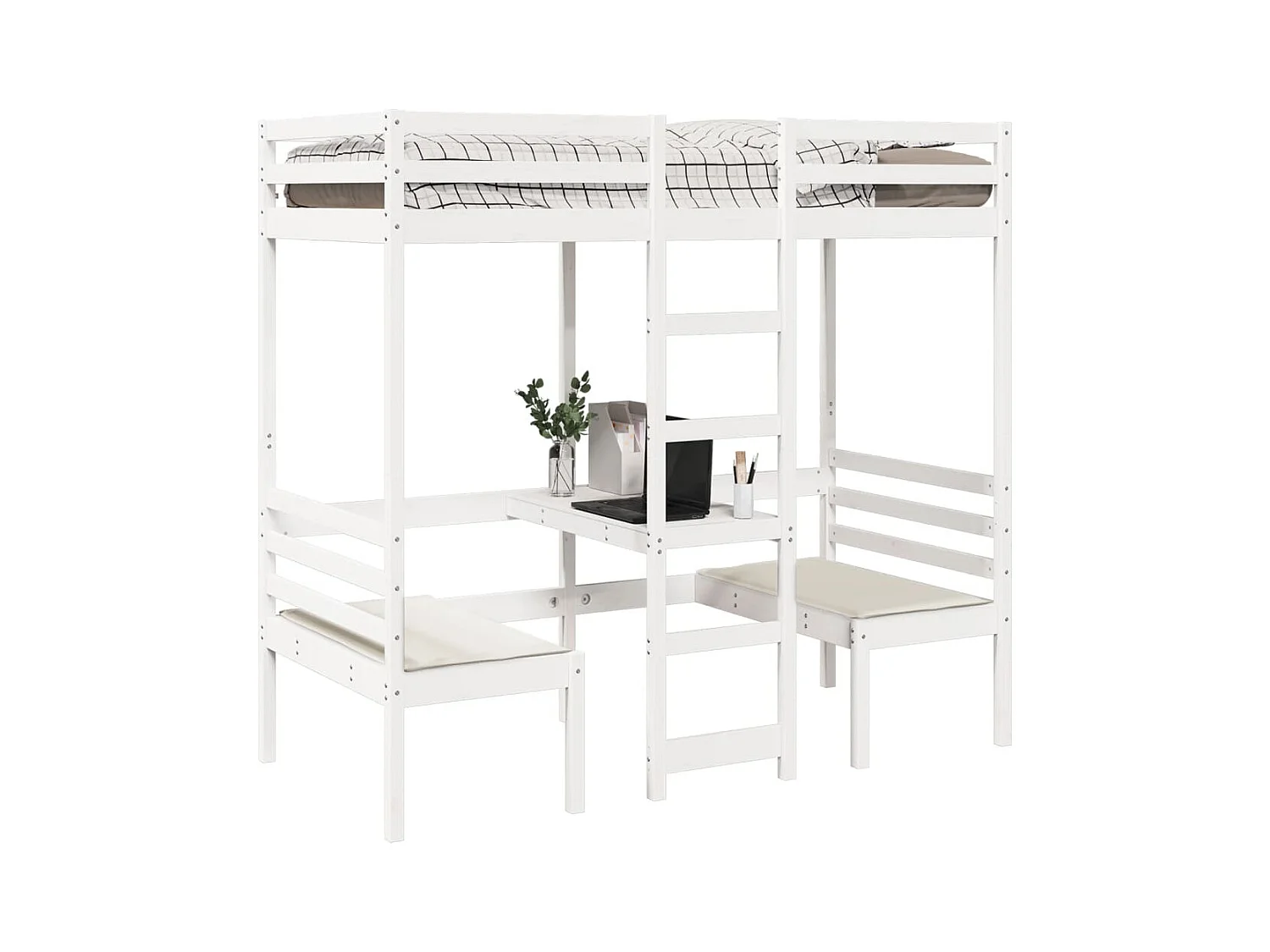 Wit mezzaninebed met bureau en stoelen 90x190 cm massief grenen