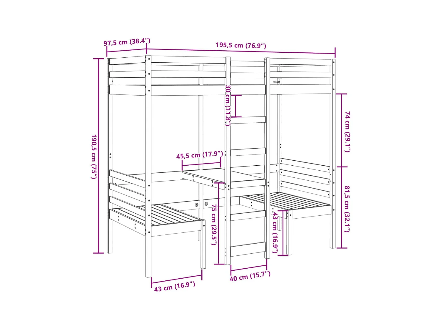 Wit mezzaninebed met bureau en stoelen 90x190 cm massief grenen