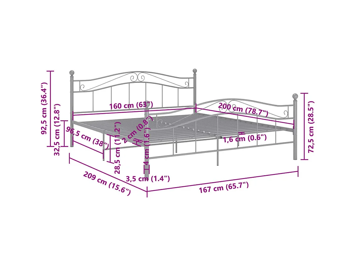 Struttura letto senza materasso, metallo grigio, 160x200 cm