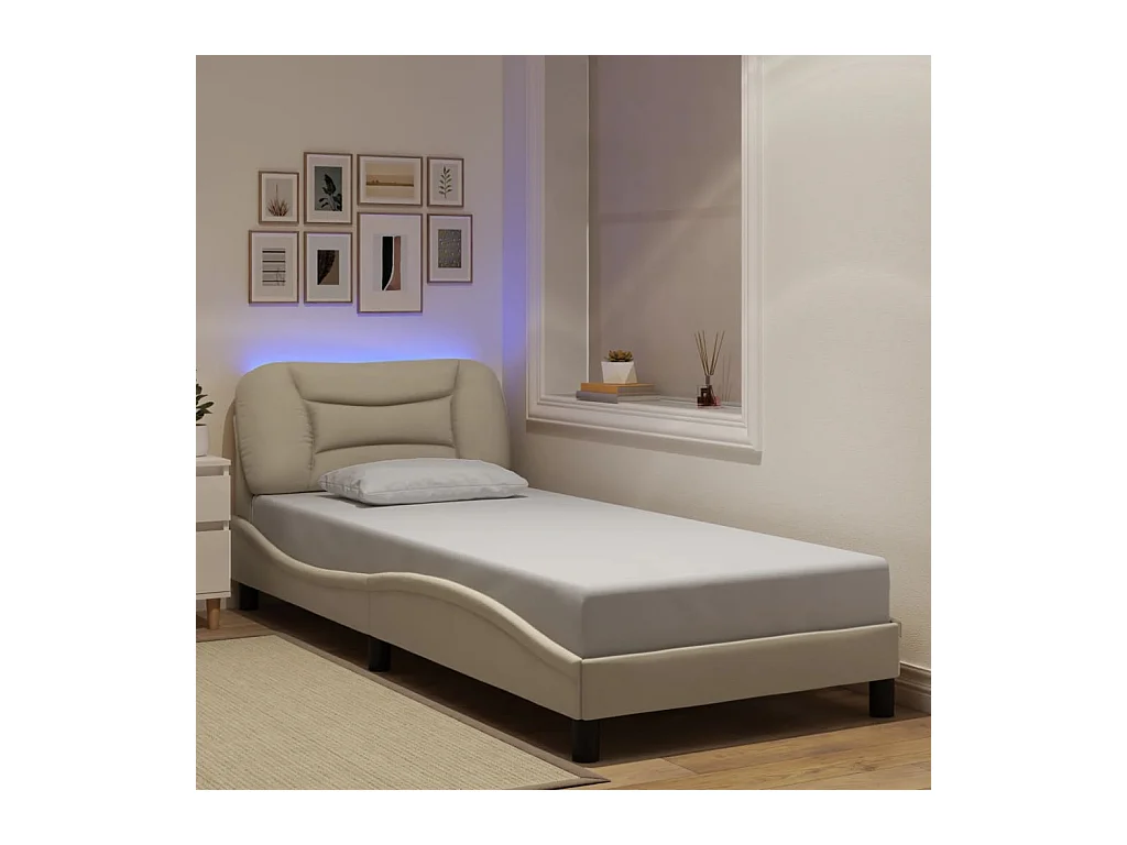 Estructura de cama con luces LED tela crema 90x190 cm