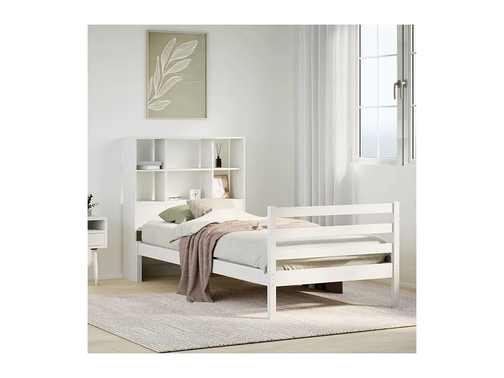 Cama librería blanca sin colchón 90x190cm madera maciza de pino