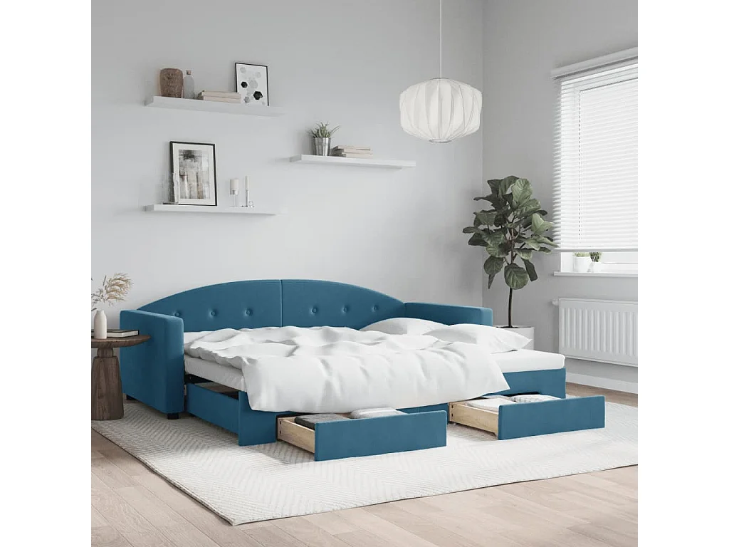 Divano letto con letto estraibile e cassetti senza materasso blu 90x200 cm