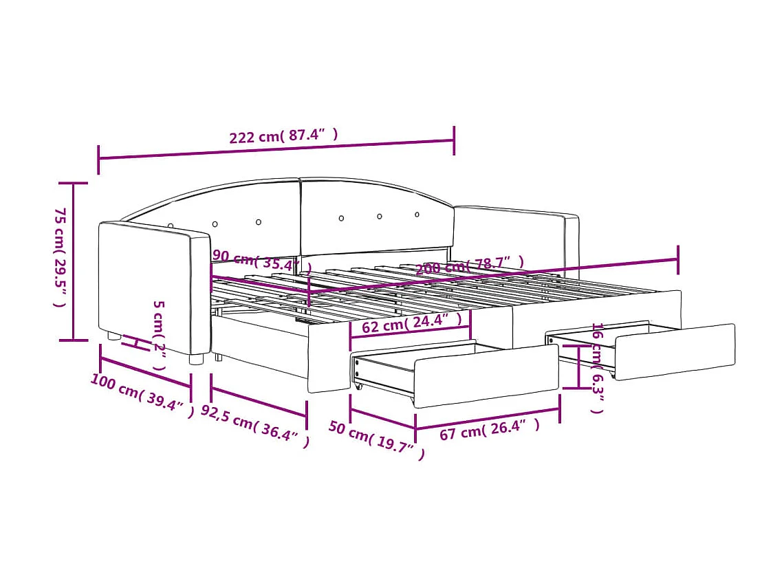 Divano letto con letto estraibile e cassetti senza materasso blu 90x200 cm