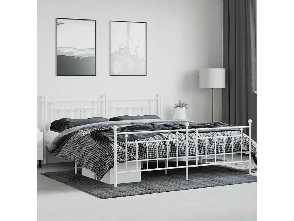 Cadre de lit métal sans matelas et pied de lit blanc 200x200 cm