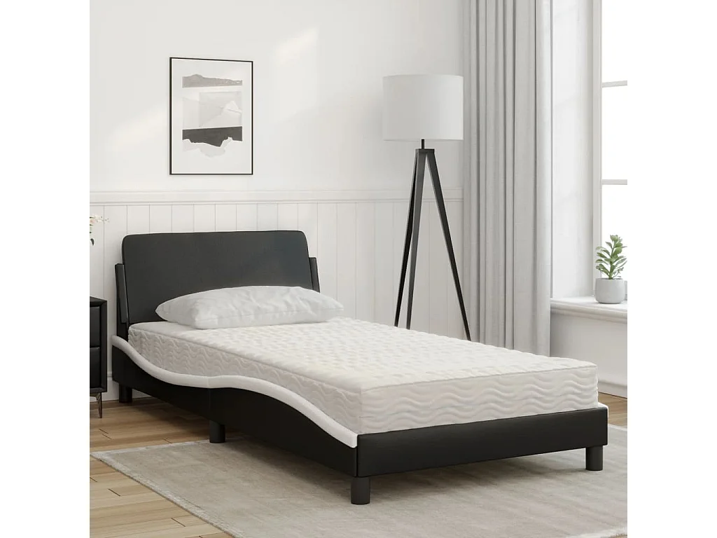 Cama con colchón blanco y negro 100x200 cm símil piel