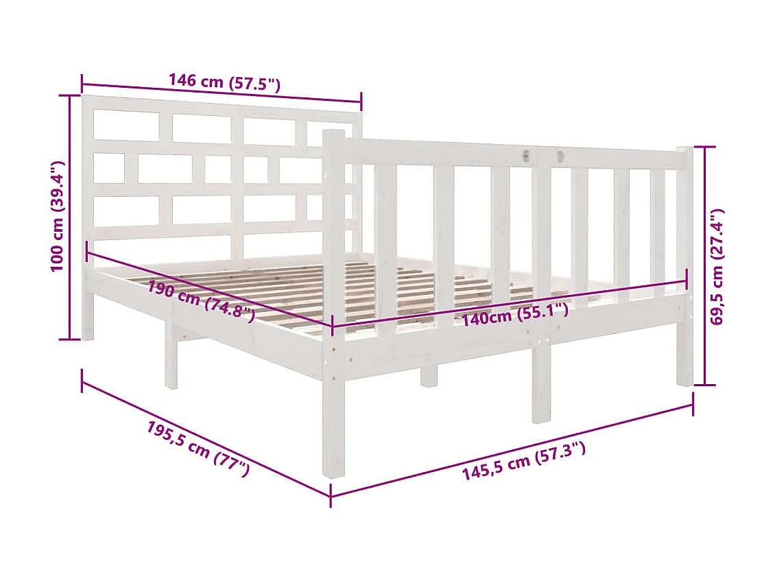 Cadre de lit sans matelas blanc bois massif 140x190 cm