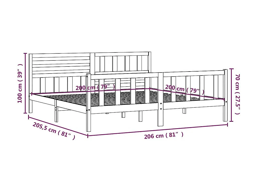Struttura letto senza materasso in legno massello 200x200 cm