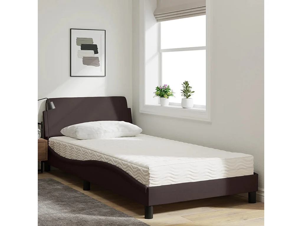 Lit avec matelas marron foncé 100x200 cm tissu