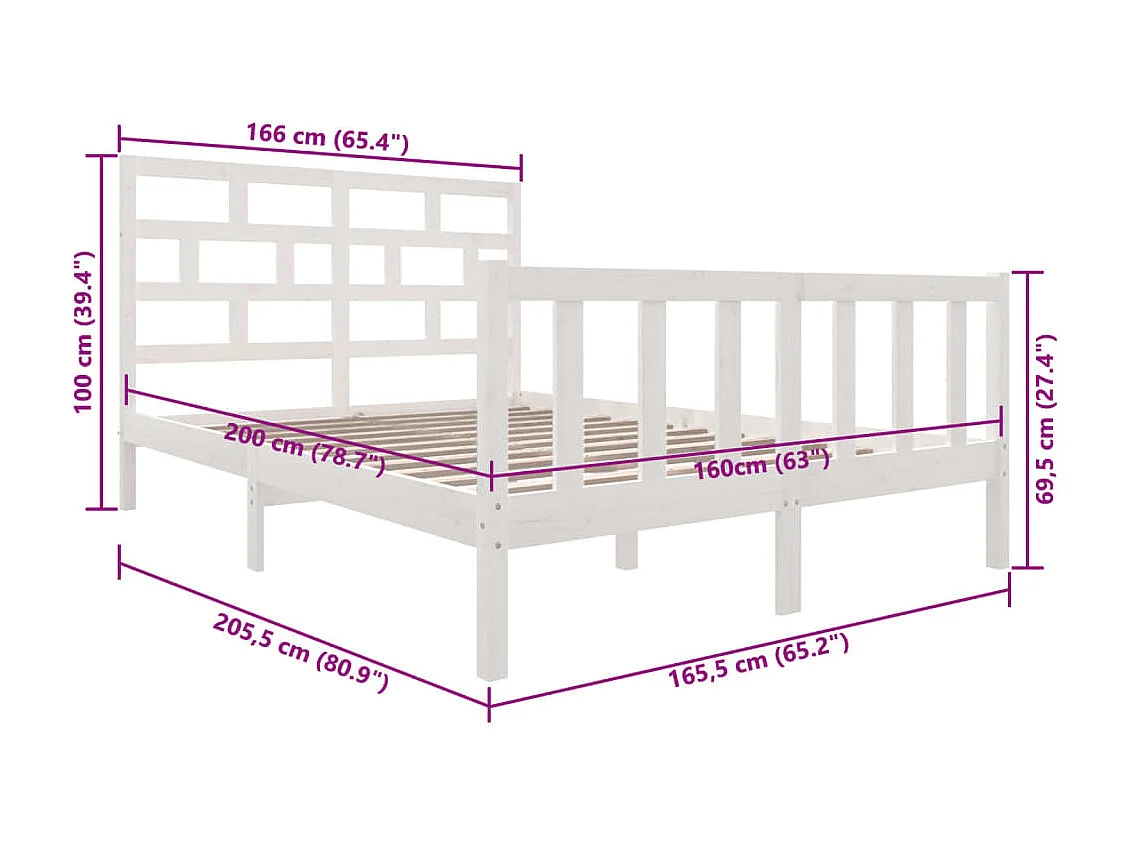 Cadre de lit sans matelas blanc bois massif 160x200 cm