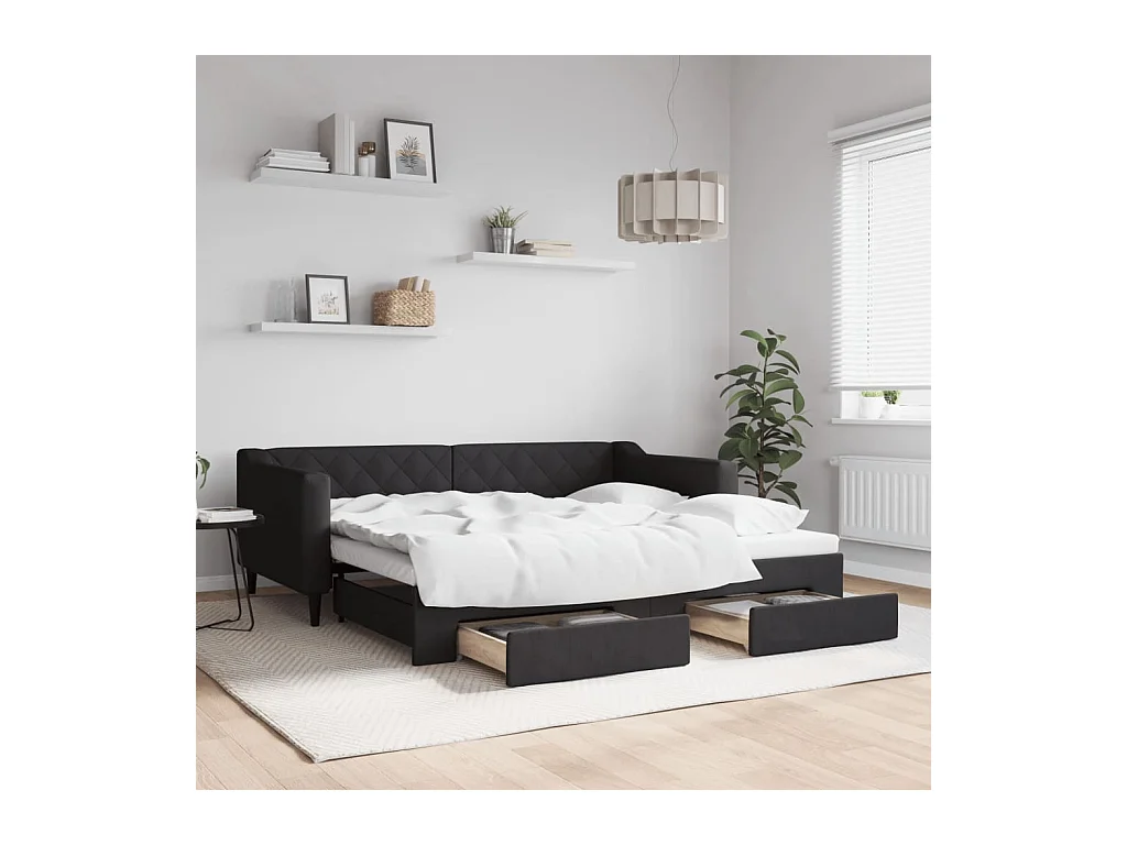 Dagbed met onderschuifbed en lades zwart 90x190 cm stof