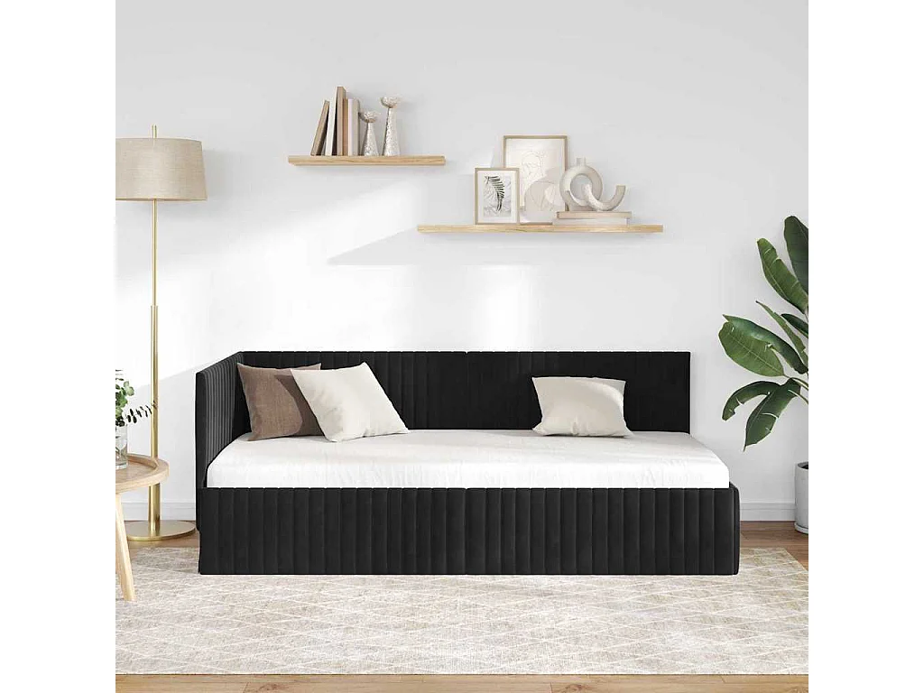 Cadre de lit d'angle avec tête de lit Noir 90 x 190 cm Velours