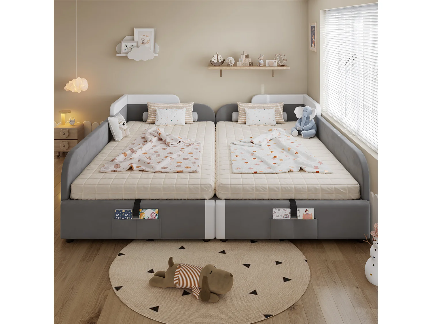 Kinderbed 90x200 cm met hydraulische opbergruimte, uitvalbeveiliging, grijze fluwelen stof, 205x187x71 cm