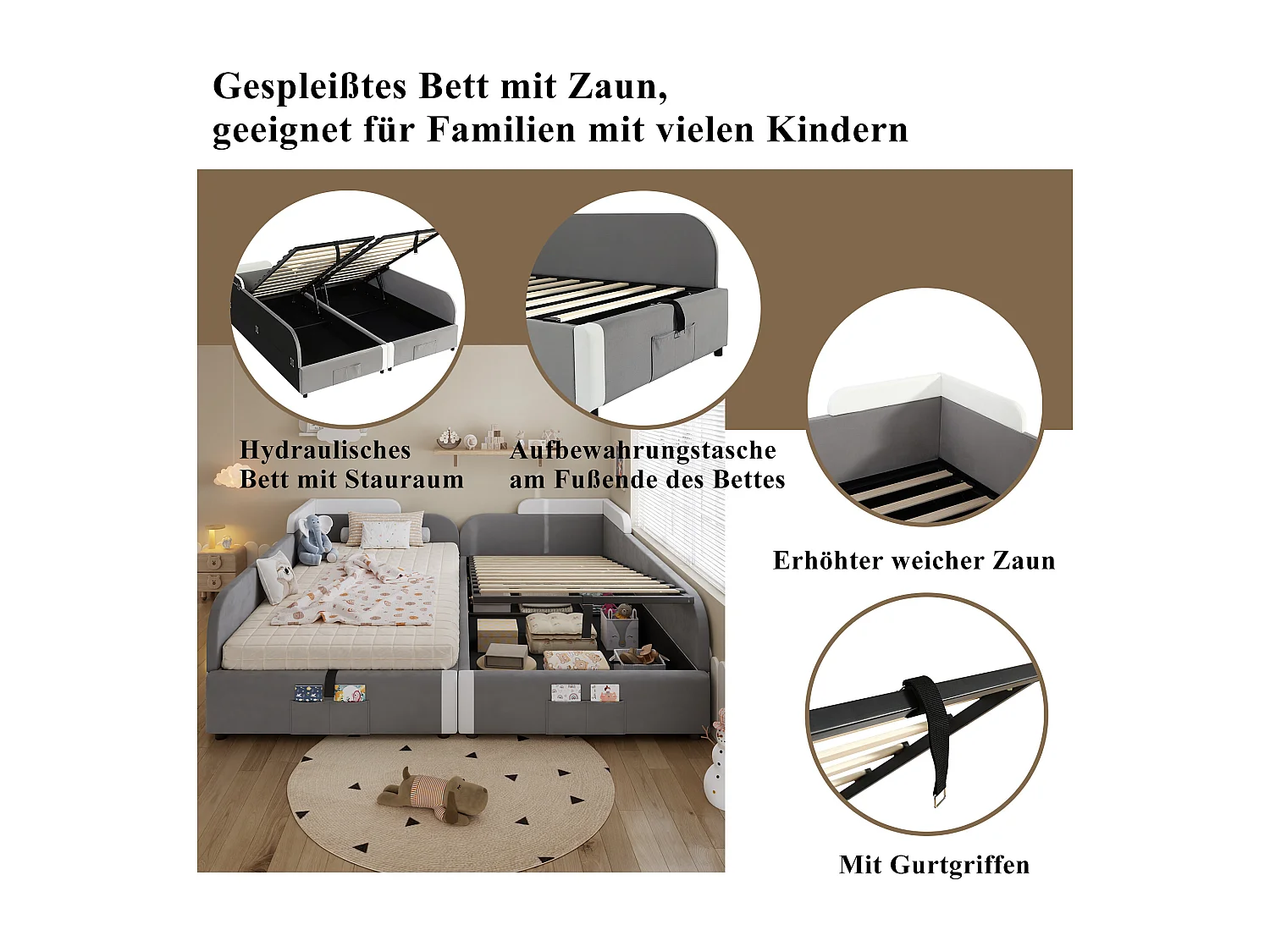 Kinderbed 90x200 cm met hydraulische opbergruimte, uitvalbeveiliging, grijze fluwelen stof, 205x187x71 cm