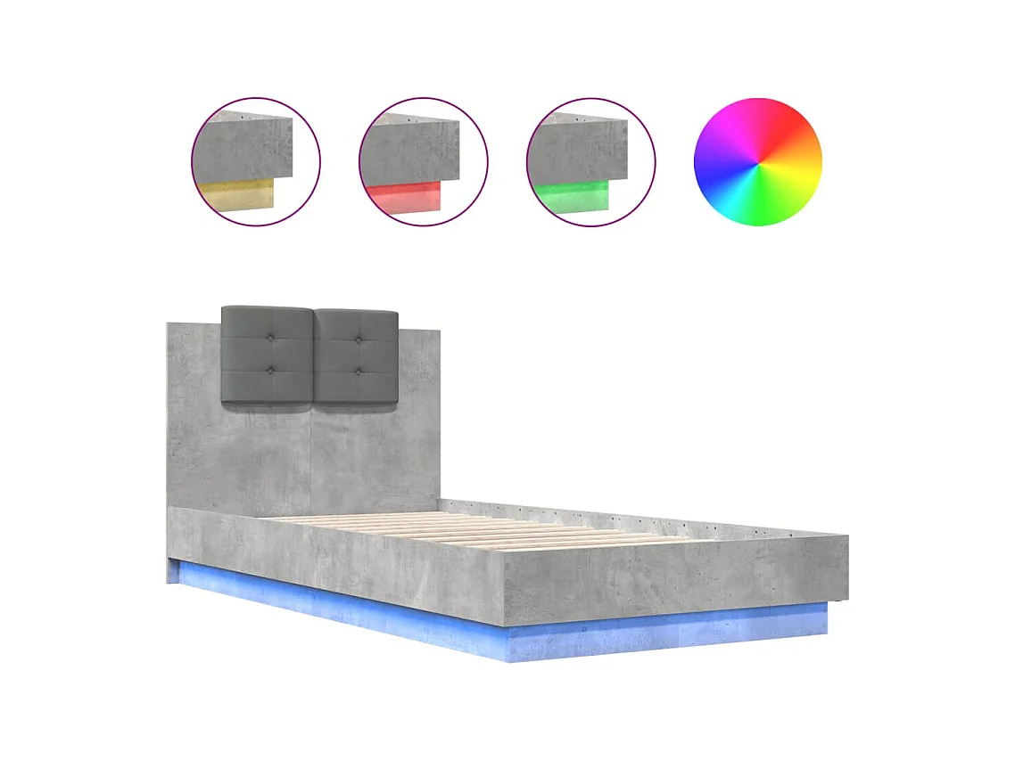Cadre de lit avec LED sans matelas gris béton 75x190 cm