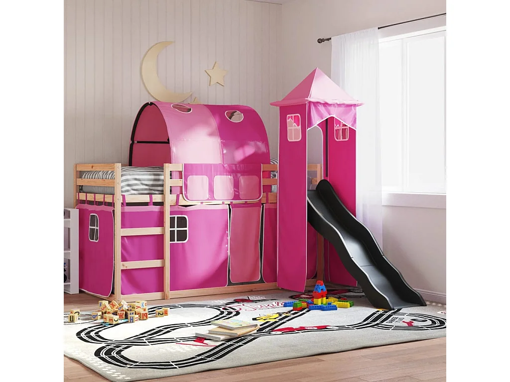 Lit superposé sans matelas avec toboggan et rideaux 80x200 cm