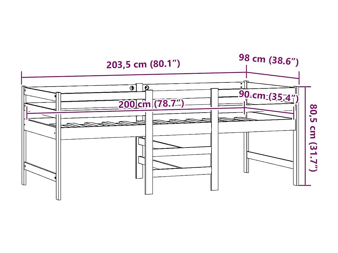 Struttura letto senza materasso bianco 90x200 cm in legno massello di pino