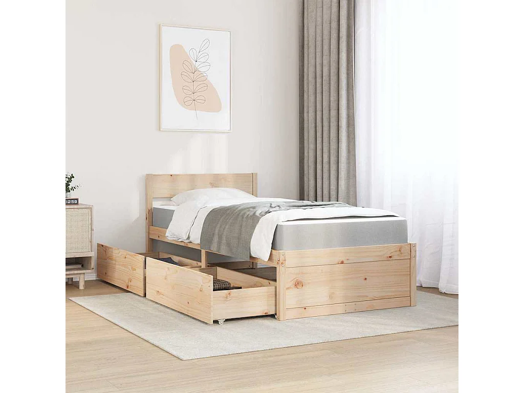 Lit avec tiroirs et matelas 90x200 cm bois massif de pin