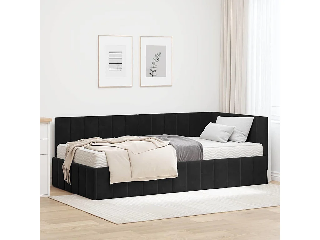 Estructura de cama esquinera con colchón Terciopelo Negro 90 x 200 cm