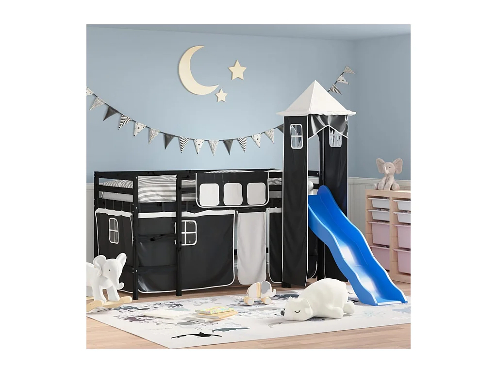 Kinderhoogslaper en toren zonder matras wit zwart 80x200cm