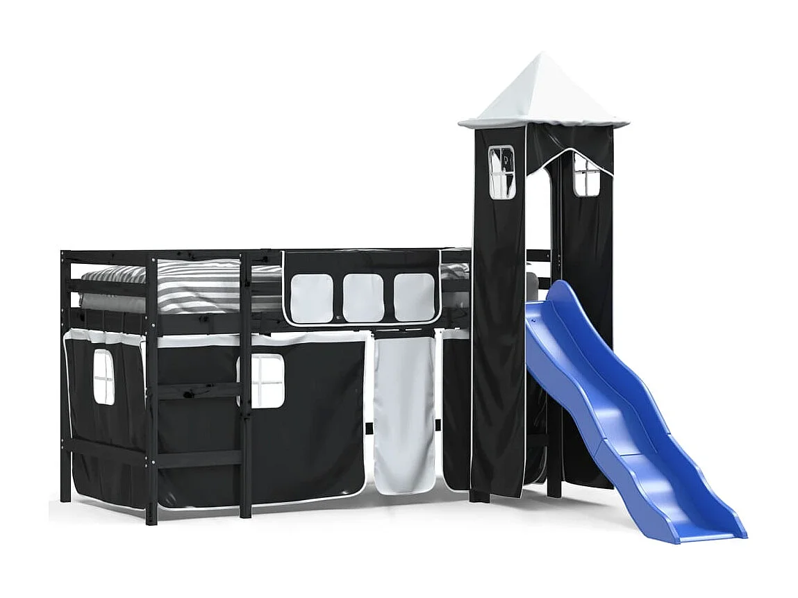 Lit mezzanine enfants et tour sans matelas blanc noir 80x200cm