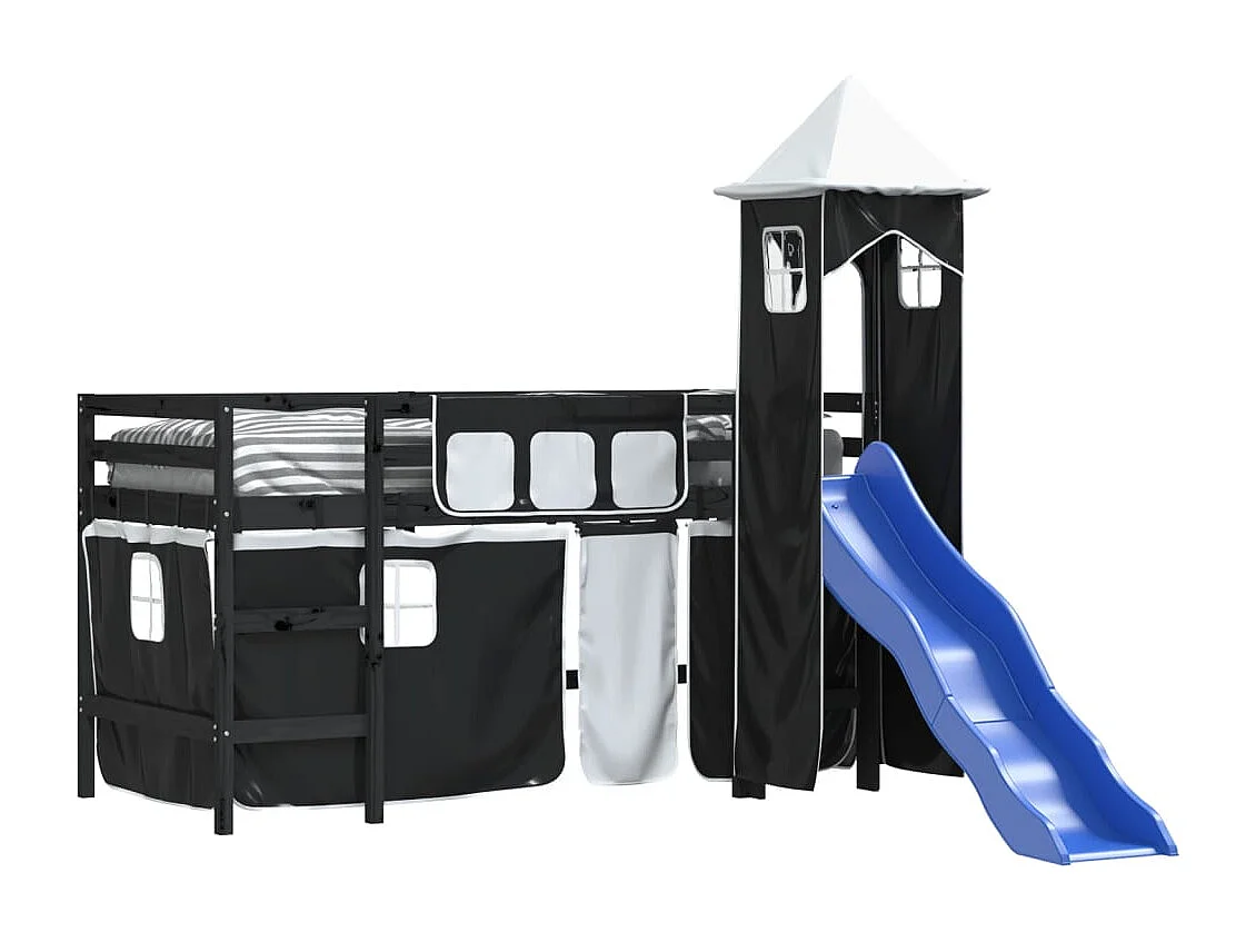 Lit mezzanine enfants et tour sans matelas blanc noir 80x200cm