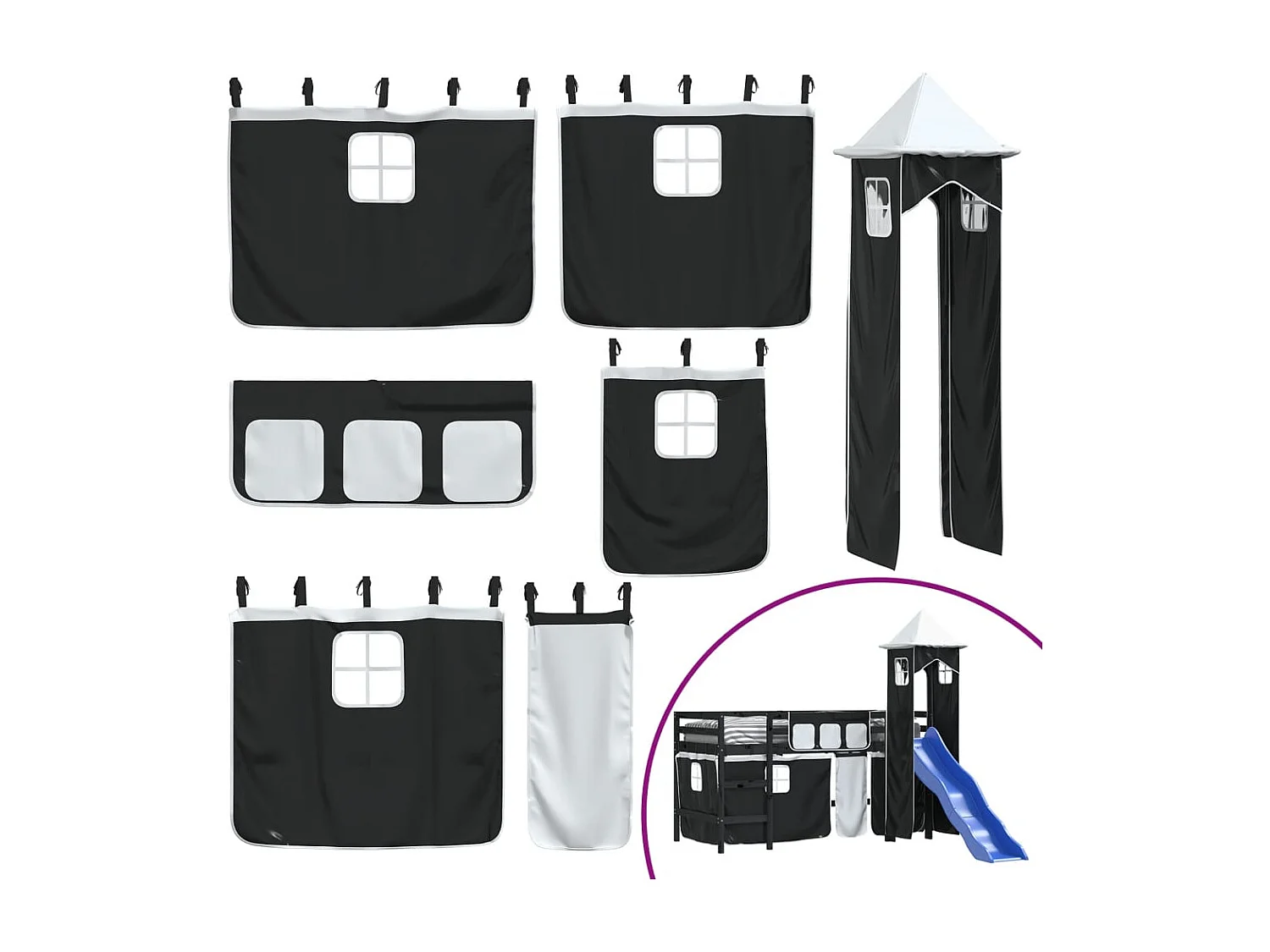 Lit mezzanine enfants et tour sans matelas blanc noir 80x200cm
