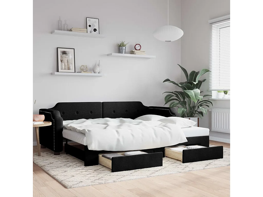 Cama de día con nido y cajones sin colchón negro 80x200 cm