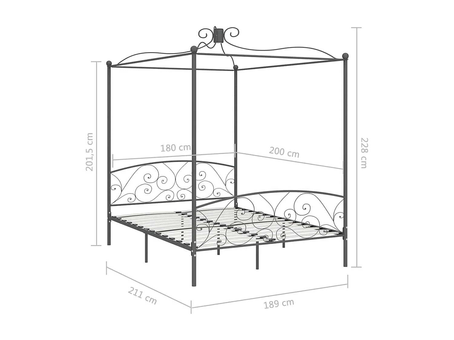 Hemelbedframe zonder matras grijs metaal 180x200 cm