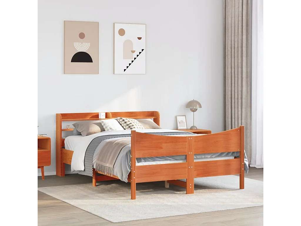 Struttura letto con testiera in cera marrone 140x190cm in legno di pino