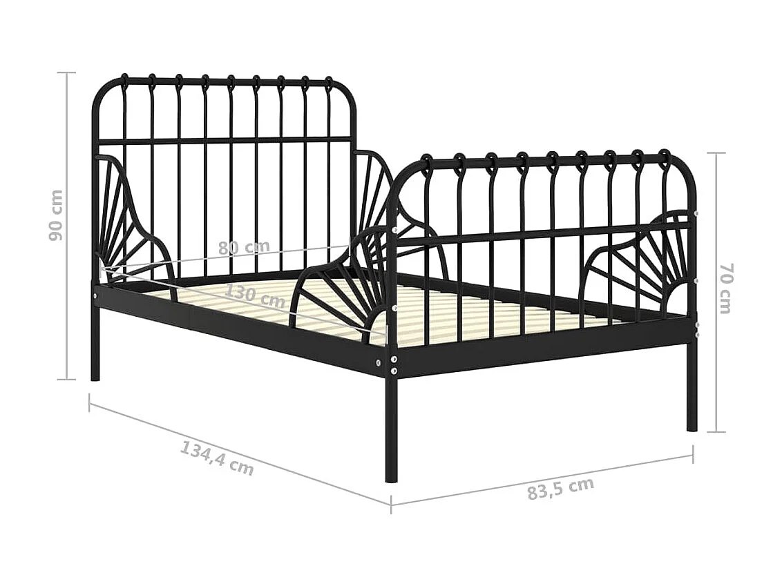 Cadre de lit extensible sans matelas Noir Métal 80x130/200 cm