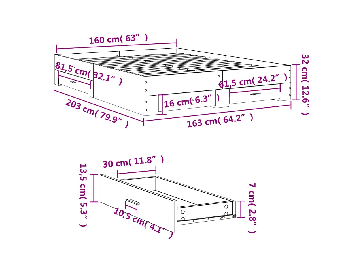 Estructura de cama con cajones sin colchón roble sonoma 160x200 cm