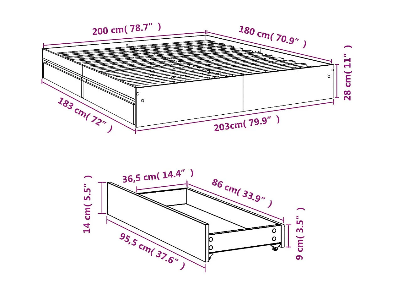 Estructura de cama con cajones sin colchón Sonoma gris 180x200 cm