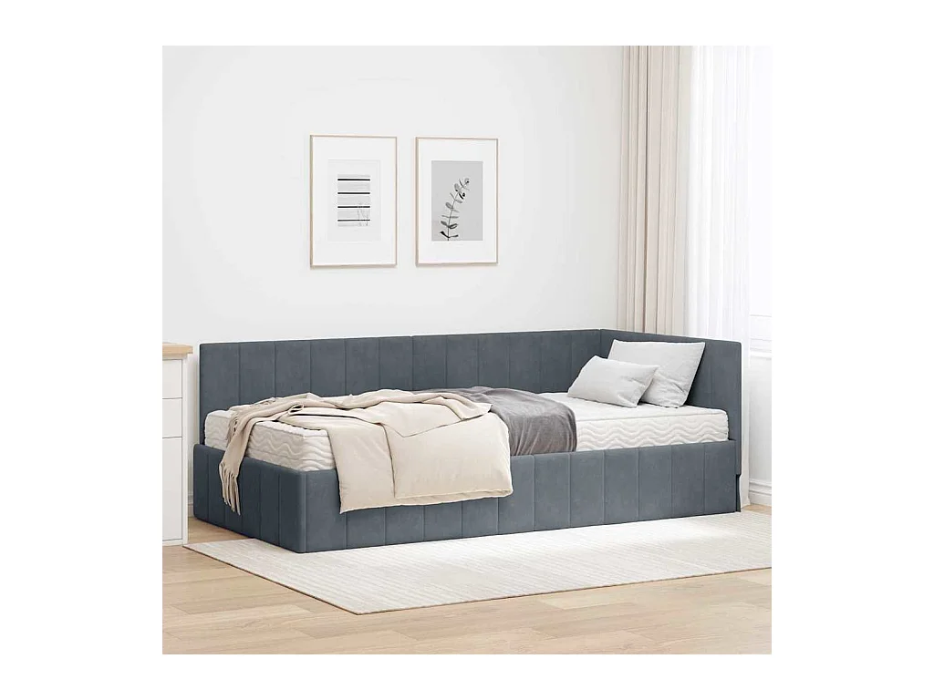 Struttura letto angolare grigio scuro 90 x 190 cm velluto