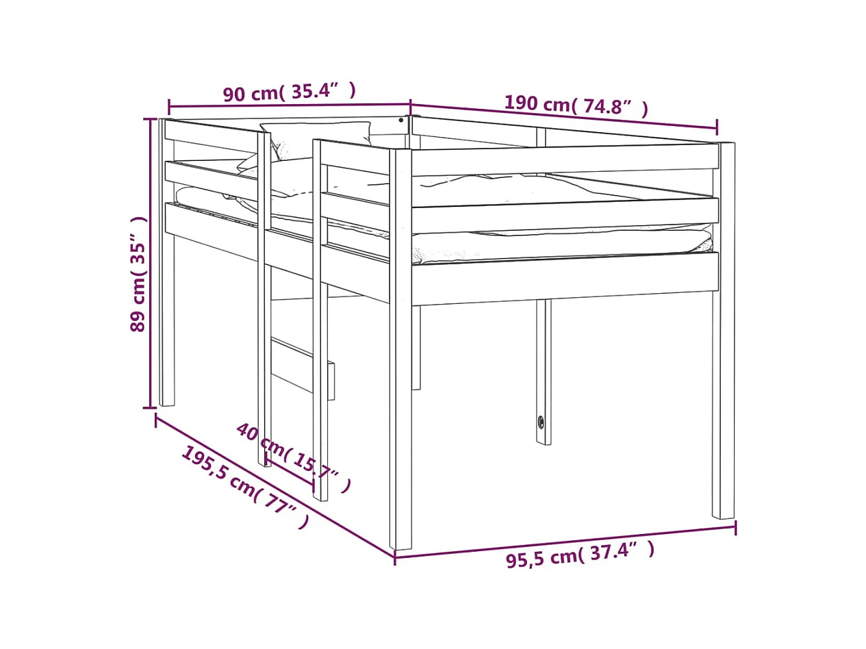 Letto alto senza materasso 90x190 cm in legno massello di pino