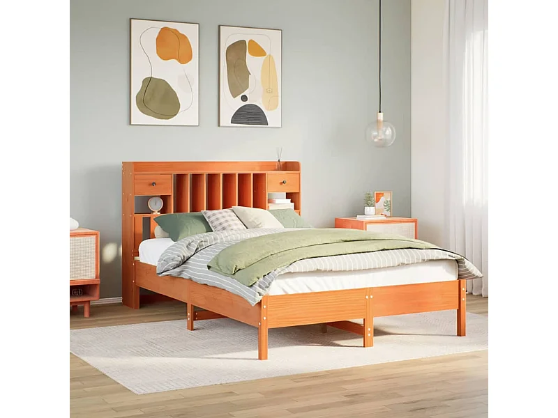 Letto libreria senza materasso, cera marrone, 160x200 cm, pino massiccio