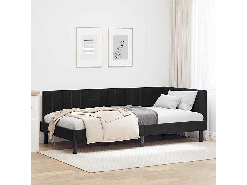 Eckbettgestell mit Kopfteil Schwarz 100 x 200 cm Samt