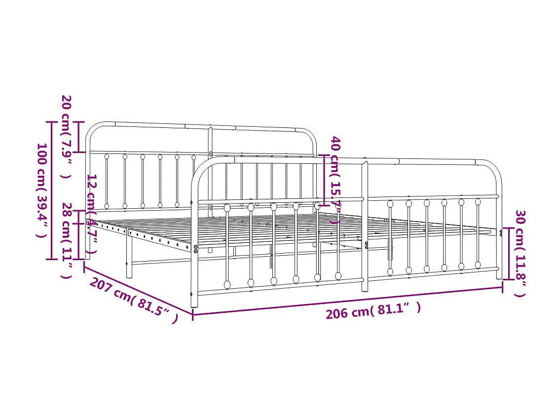 Struttura letto in metallo senza materasso con pediera nera 200x200cm