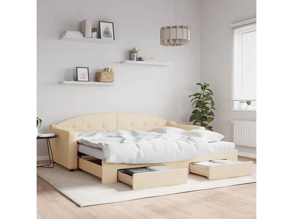 Lit de jour avec gigogne et tiroirs sans matelas crème 90x200cm