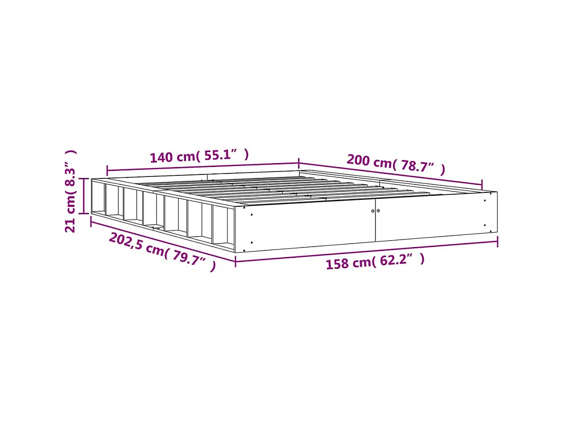 Estructura de cama sin colchón, color marrón cera, 140x200cm, madera maciza de pino