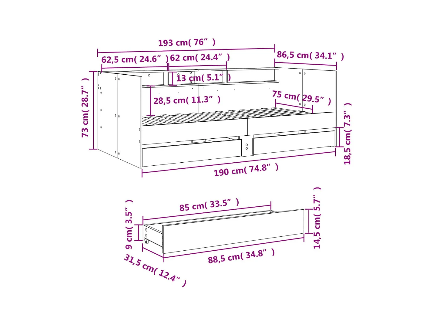 Cama de día con cajones sin colchón roble sonoma 75x190 cm
