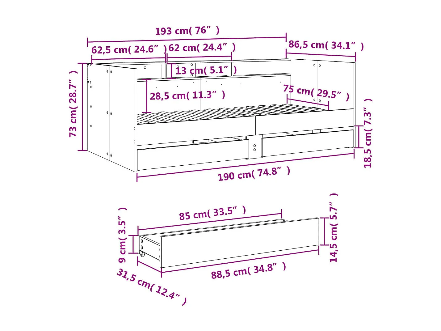 Tagesbett mit Schubladen ohne Matratze Sonoma Eiche 75x190 cm