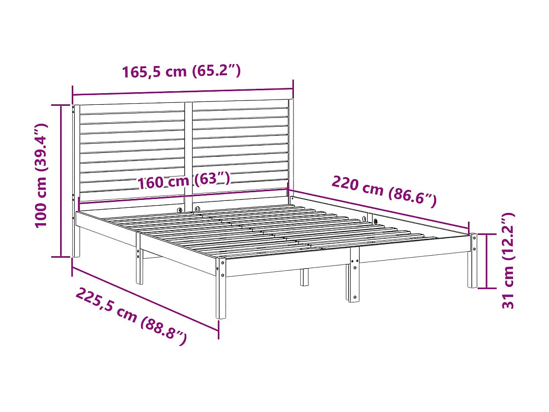 Struttura letto extra lunga senza materasso 160x220 cm in legno massello
