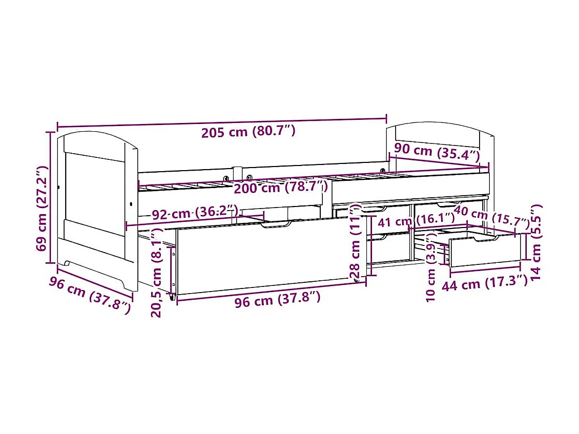 Dagbed met 5 lades zonder matras IRUN zwart 90x200 cm