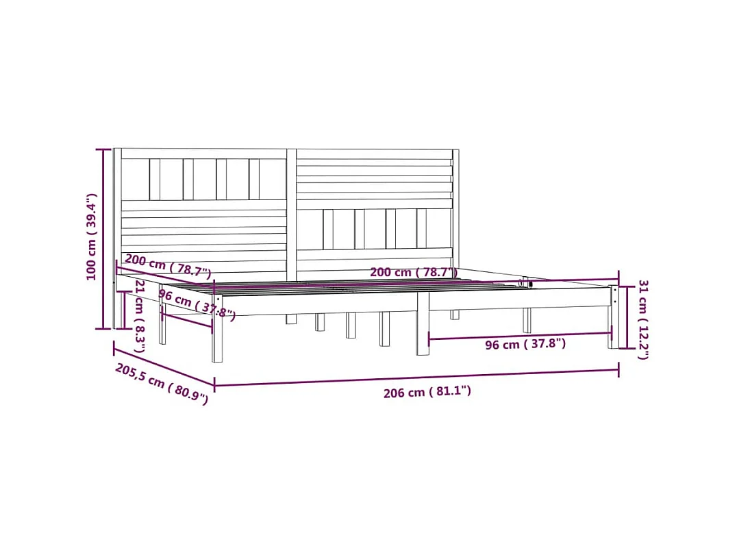 Struttura letto senza materasso in legno massello di pino grigio 200x200 cm