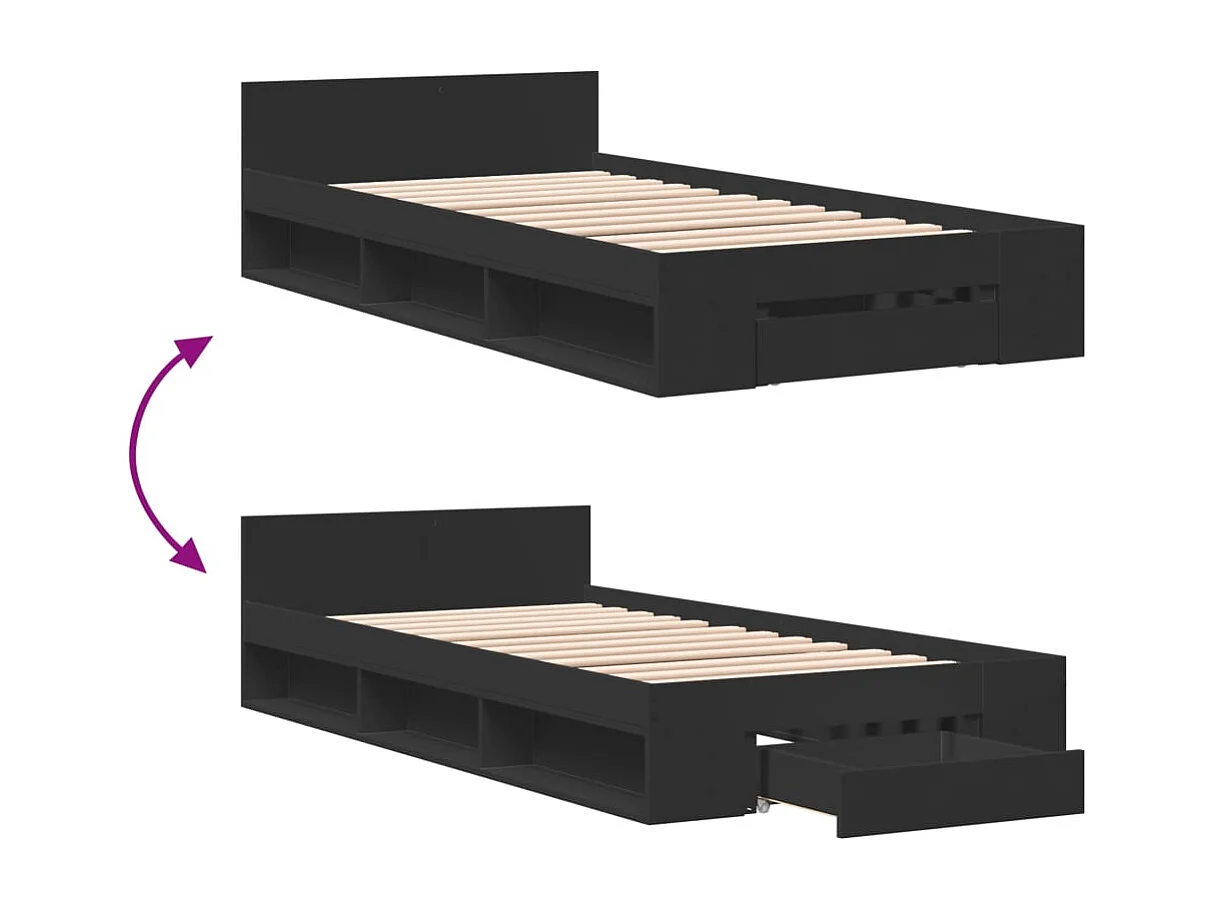 Cadre de lit avec tiroir sans matelas noir 75x190 cm