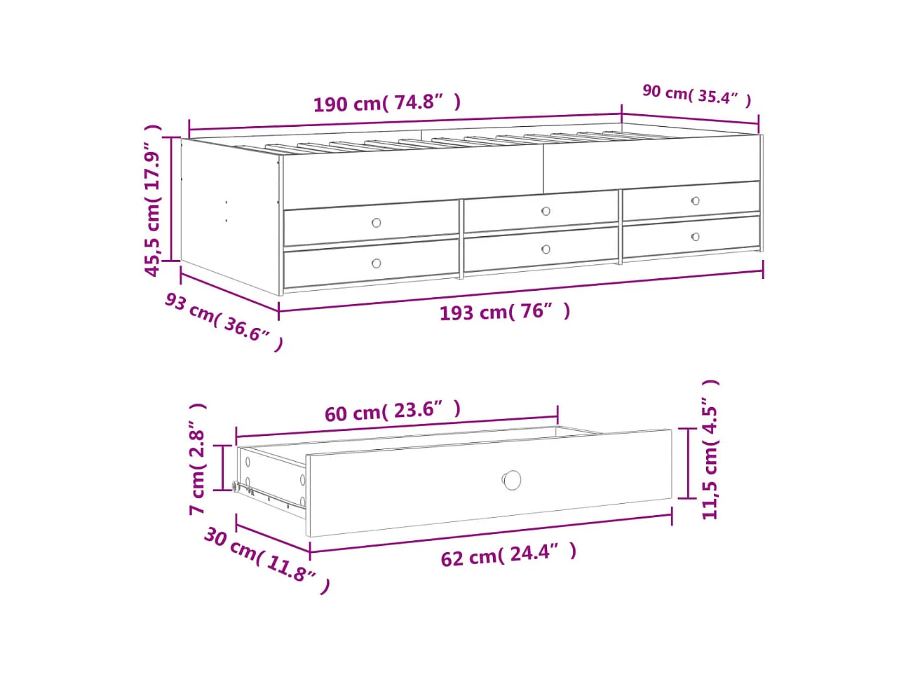Dagbed met lades zonder matras zwart 90x190 cm