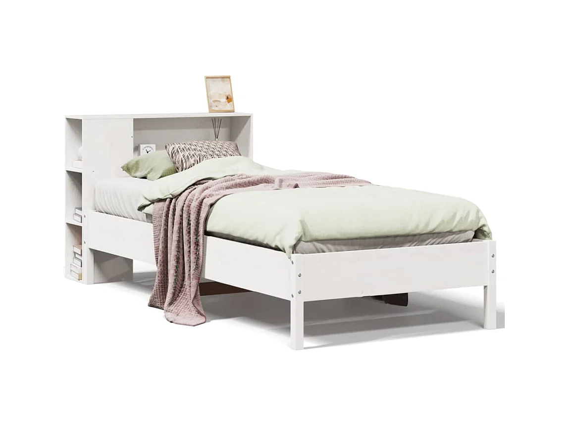 Cama librería blanca sin colchón 75x190cm madera maciza de pino