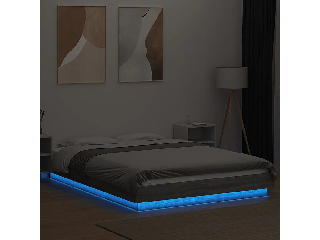 Bettgestell und LED-Leuchten ohne Matratze Sonoma grau 140x200cm