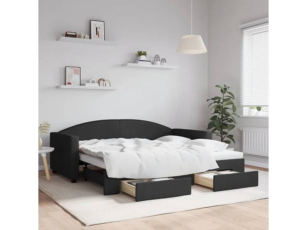 Divano letto con rotelle e cassetti in tessuto nero 90x190 cm
